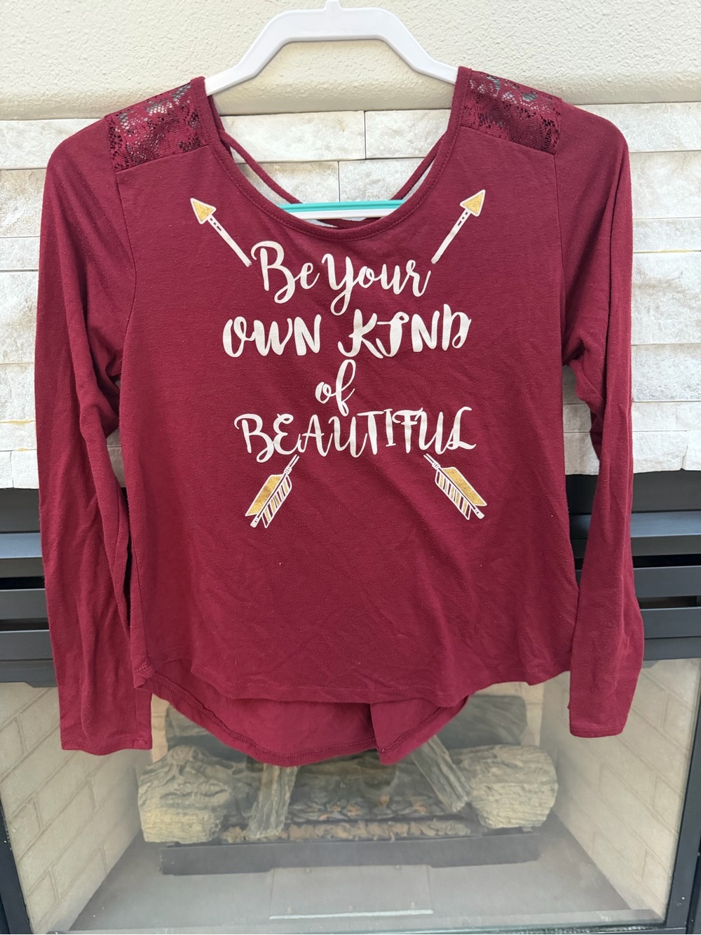 No Boundaries Maroon Long-Sleeve Graphic Top with Lace Shoulders